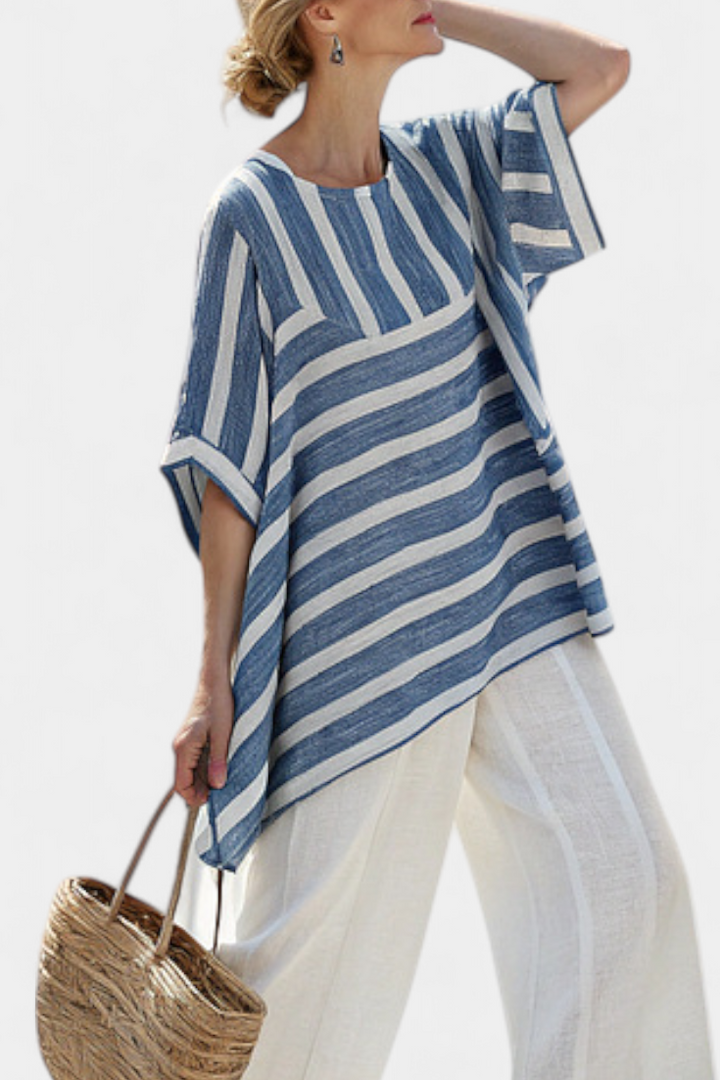 Lourdes | Sophisticated Blue Striped Top & Hem-Detailed Trousers