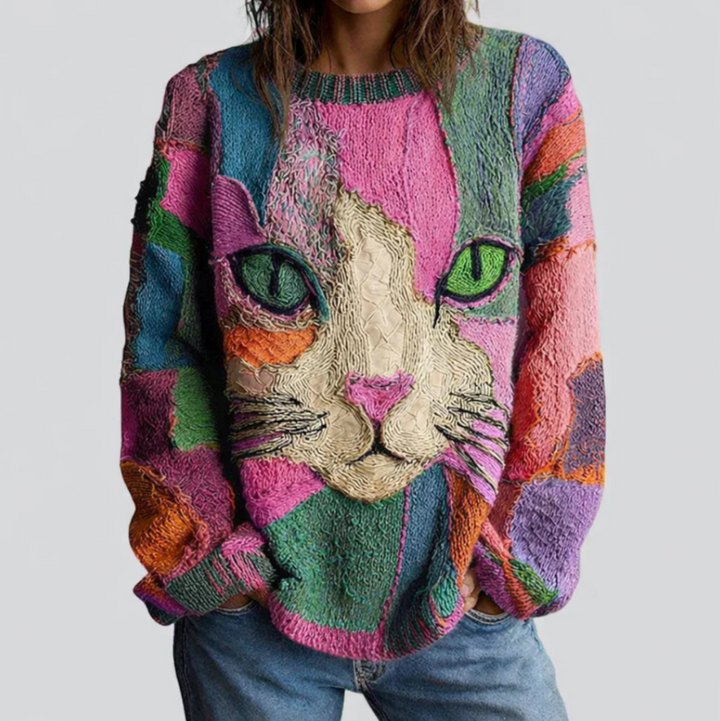 Carole – Artistic Cat Print Knit Jumper