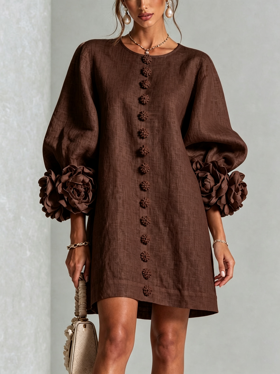 Aileen – Relaxed Mini Dress with Rose Cuffs