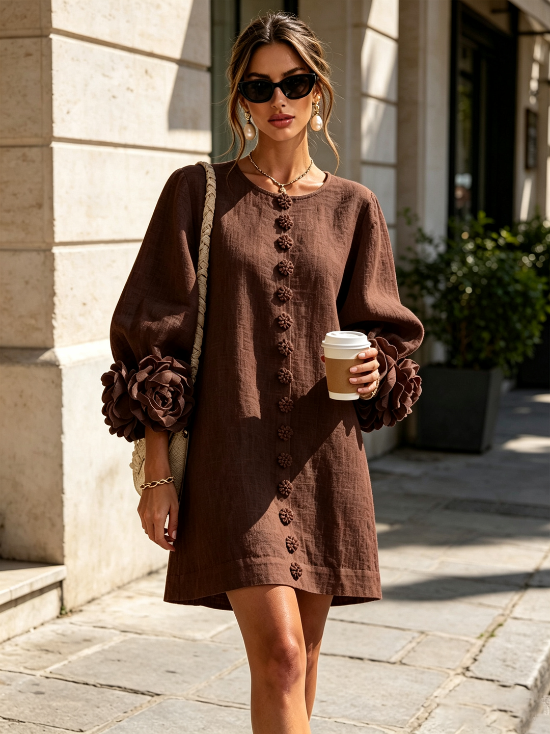 Aileen – Relaxed Mini Dress with Rose Cuffs