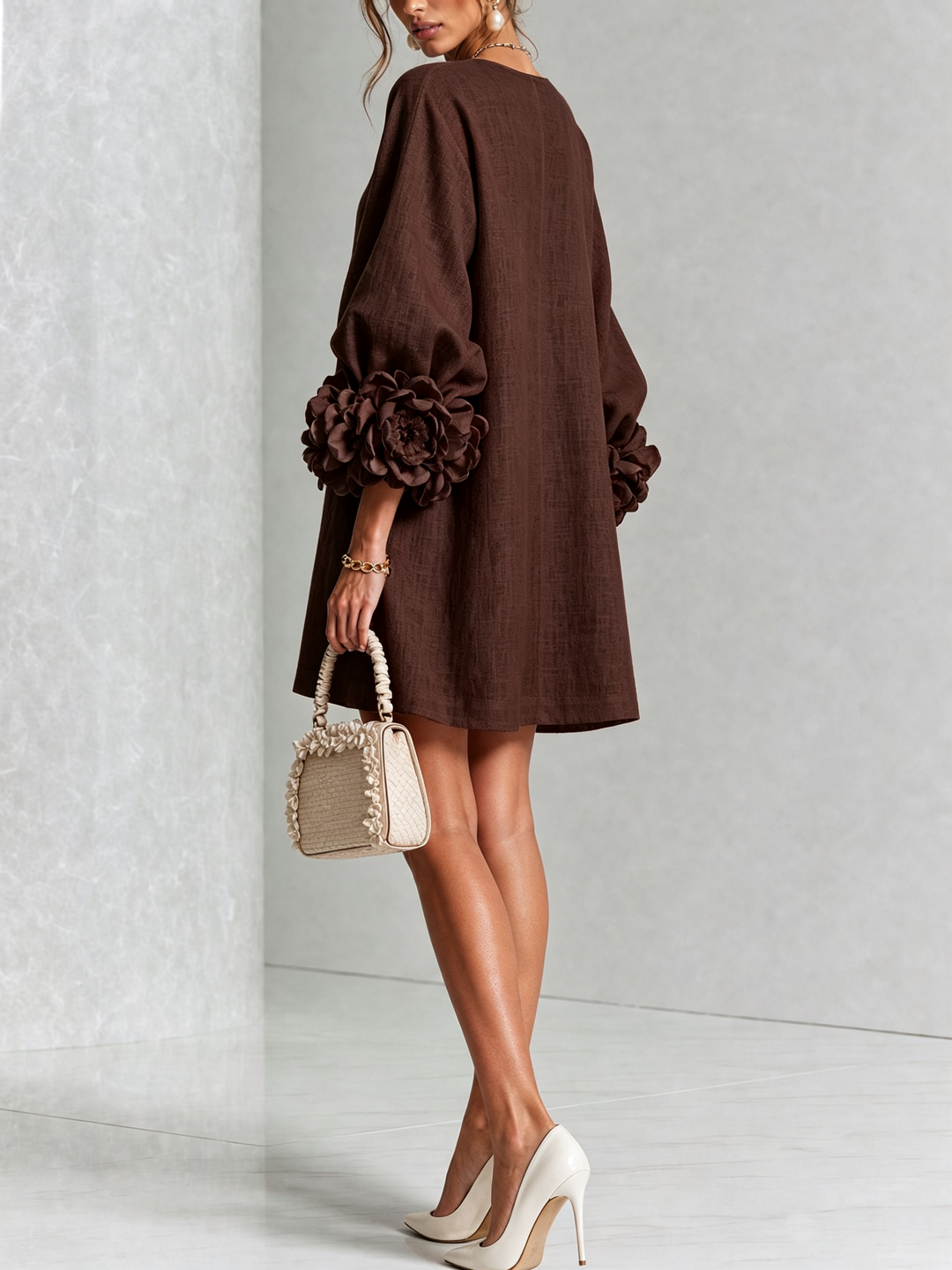 Aileen – Relaxed Mini Dress with Rose Cuffs