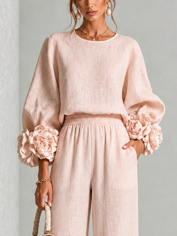 Marina – Floral Cuff Wide-Leg Two-Piece Set