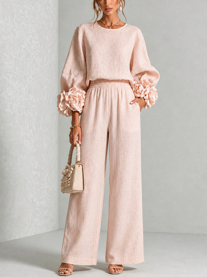 Marina – Floral Cuff Wide-Leg Two-Piece Set