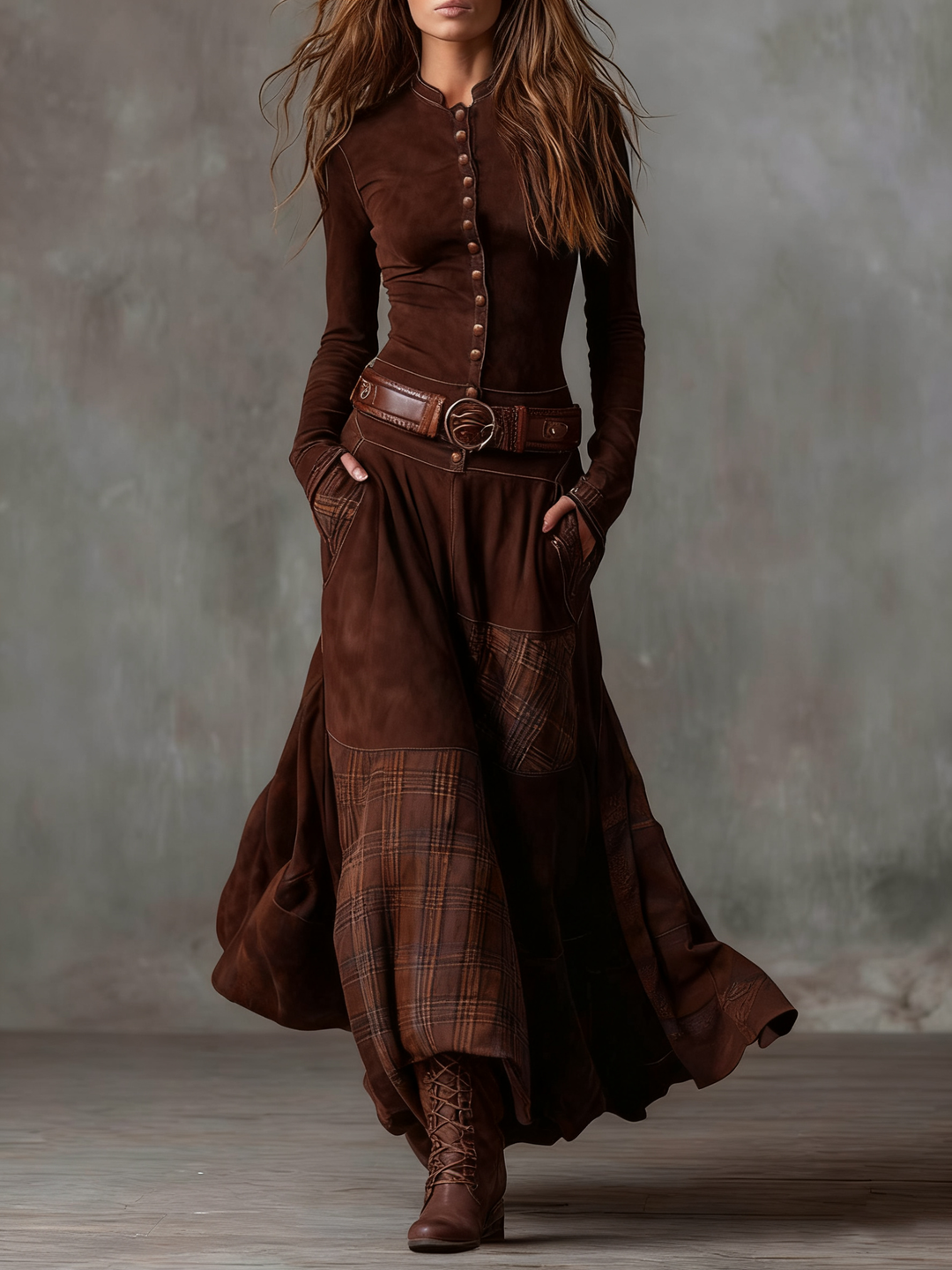 Honor – Check-Panel Patchwork Maxi Dress