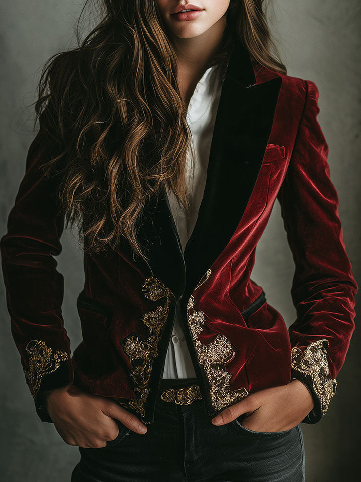 Winifred – Velvet Blazer with Gold Embroidery