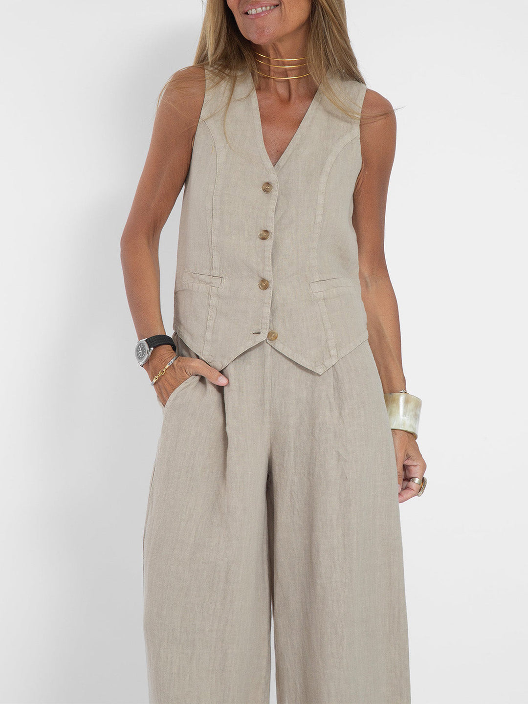 Cristina | Buttoned Vest and Wide-Leg Trousers Set