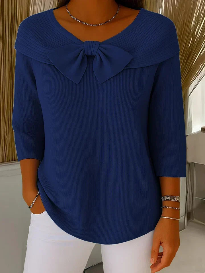 Janet – Fitted Ribbed Knit Top with Bow Detail