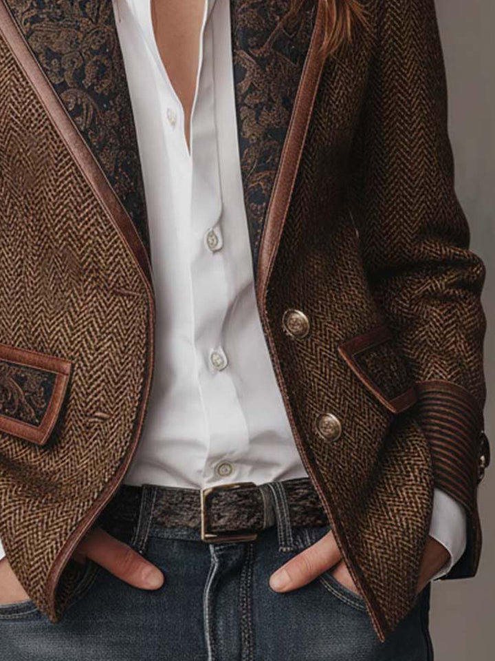 Esme – Herringbone Blazer with Printed Panels