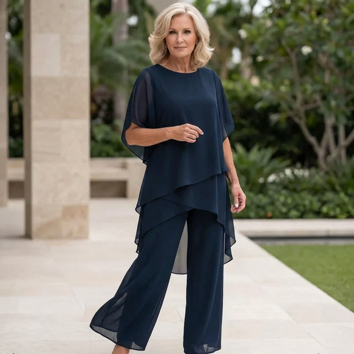 Thomasina – Layered Chiffon Top and Wide-Leg Trouser Set