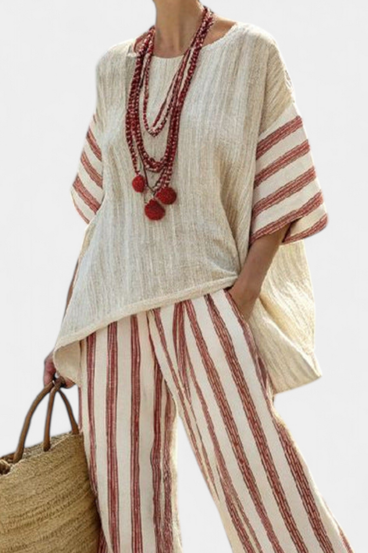 Mercy | Elegant Rustic Striped Top & Cream Linen Trousers