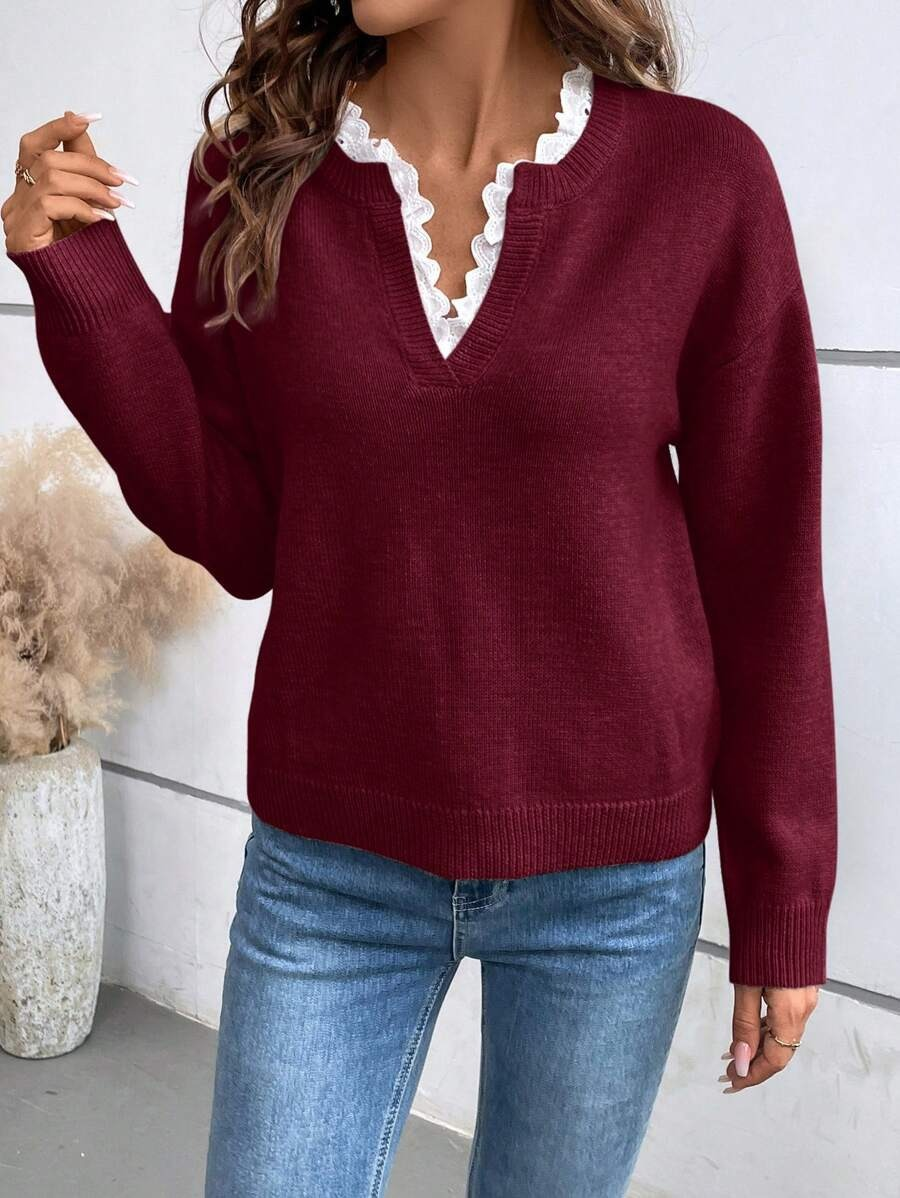 Minnie – Lace Trim V-Neck Knit Jumper
