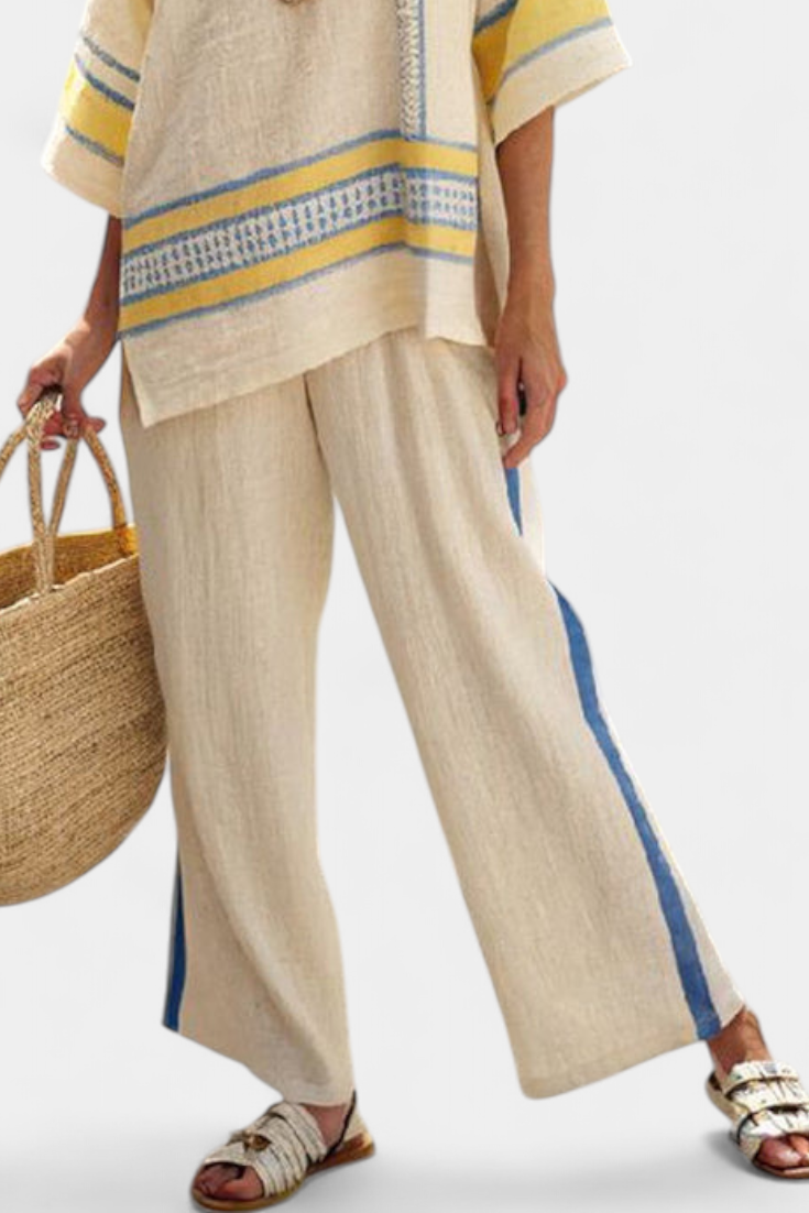 Paisleigh | Comfortable Blue-Yellow Mediterranean Top & Linen Trousers