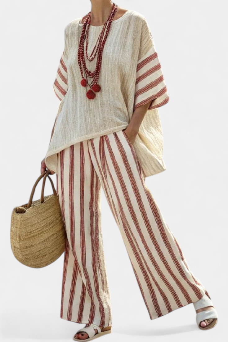 Mercy | Elegant Rustic Striped Top & Cream Linen Trousers