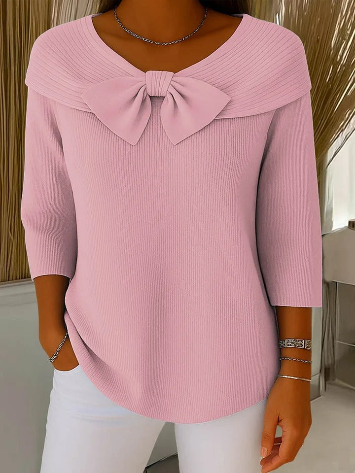 Janet – Fitted Ribbed Knit Top with Bow Detail