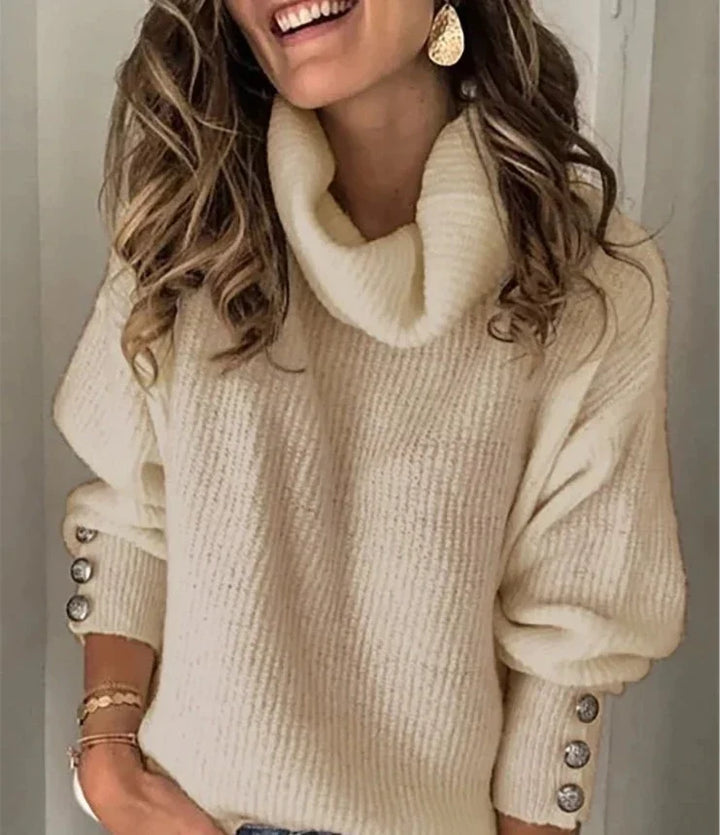 Zillah – Polo Neck Knit Pullover with Button Cuffs