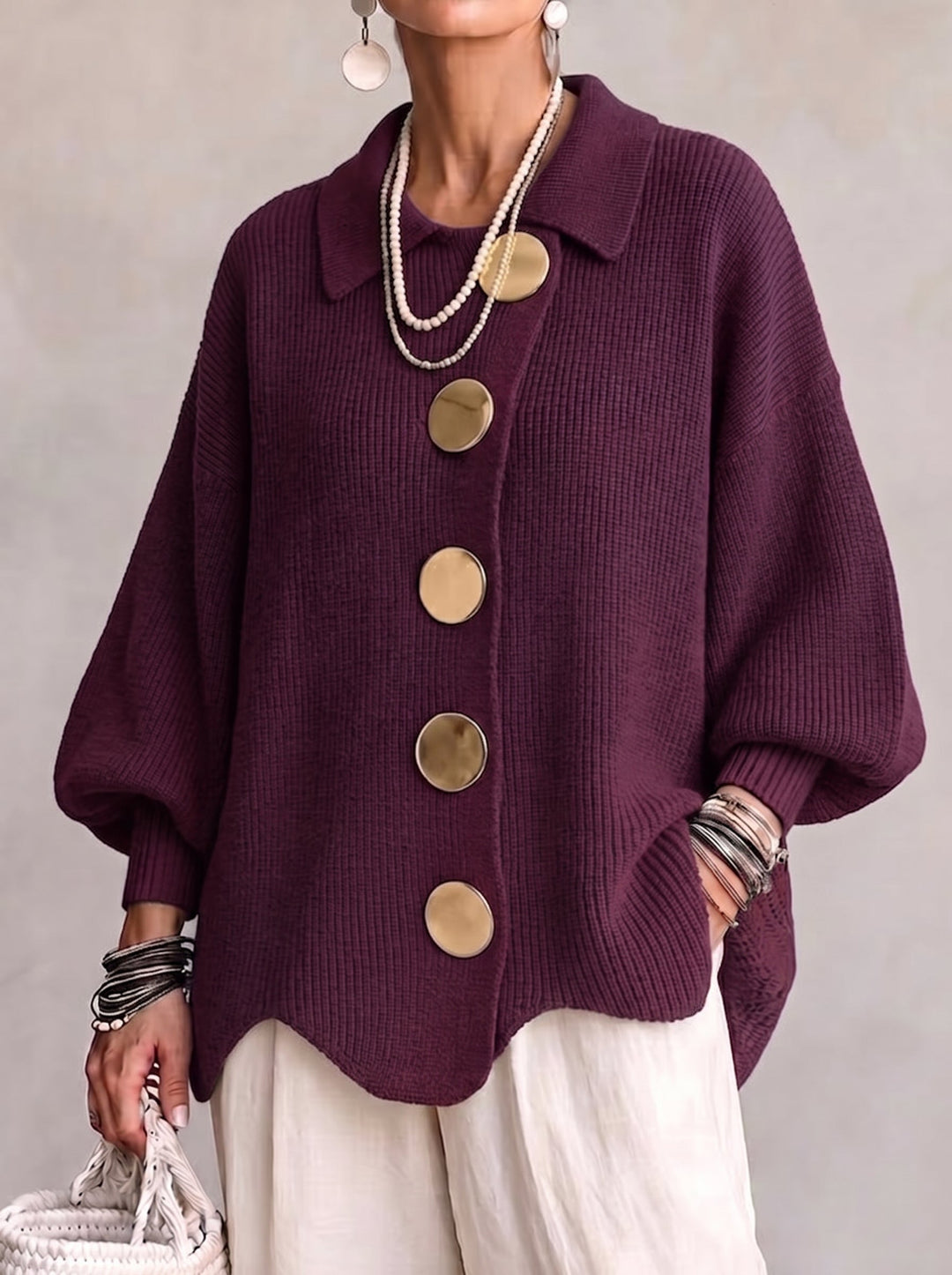 Halina – Oversized Collared Cardigan with Gold Buttons