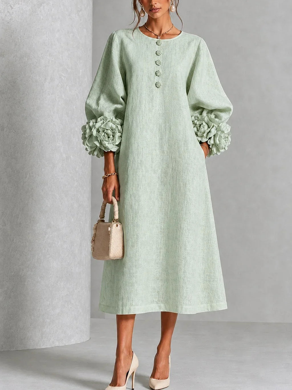 Olive – Linen-Look Midi Dress with Floral Cuffs
