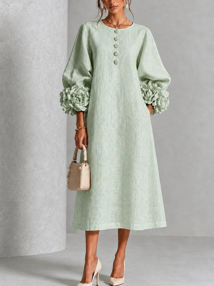 Olive – Linen-Look Midi Dress with Floral Cuffs
