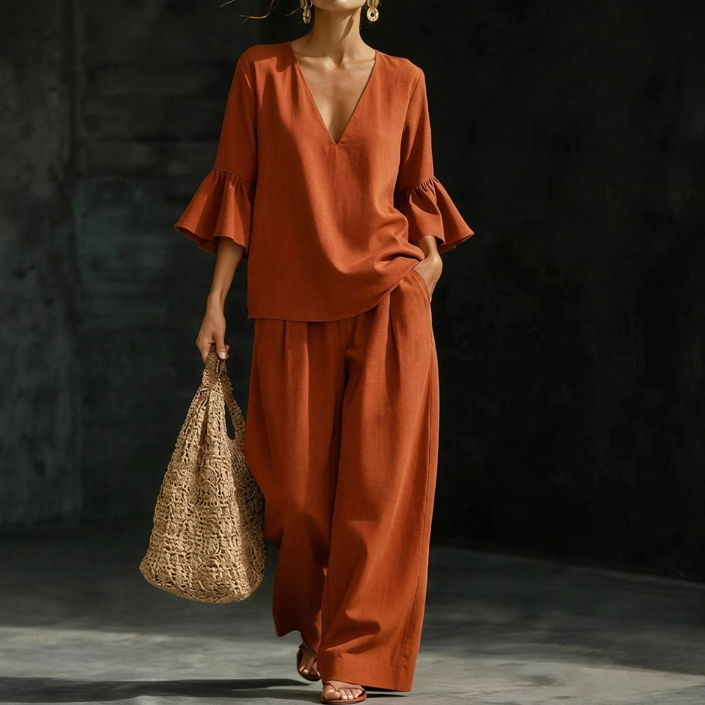 Kay – Ruffled Blouse and Wide-Leg Trouser Set