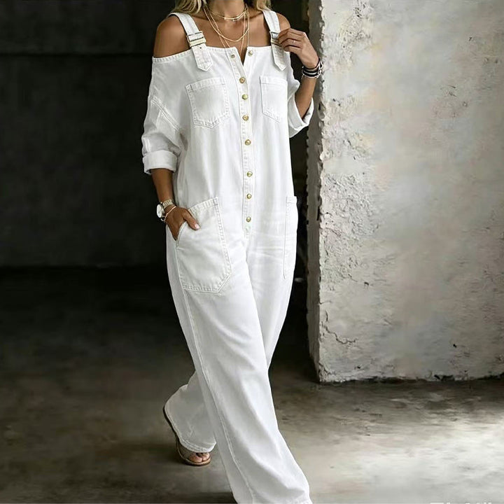 Aoife – Cold-Shoulder Denim-Look Wide-Leg Jumpsuit