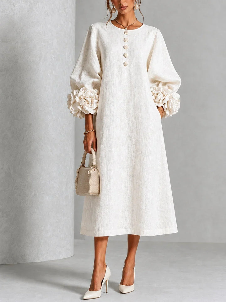 Olive – Linen-Look Midi Dress with Floral Cuffs